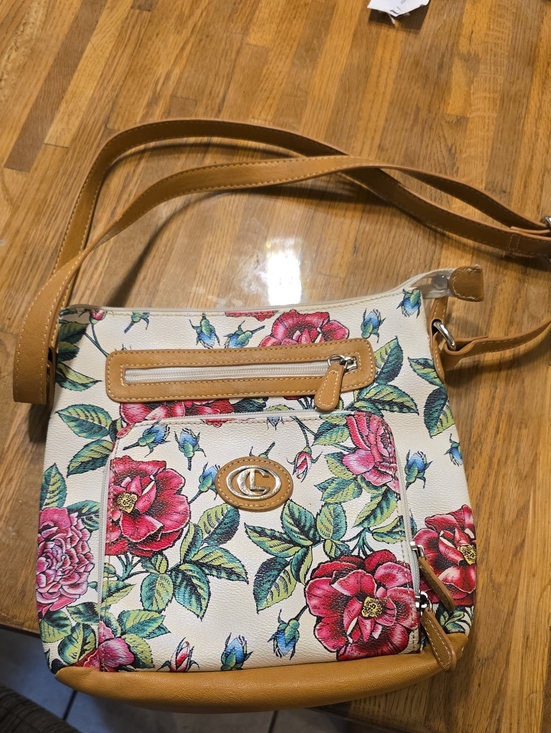 Source Unknown Handbags - Source Unknown Floral Crossbody Bag in Cream and Tan with Pink Flowers